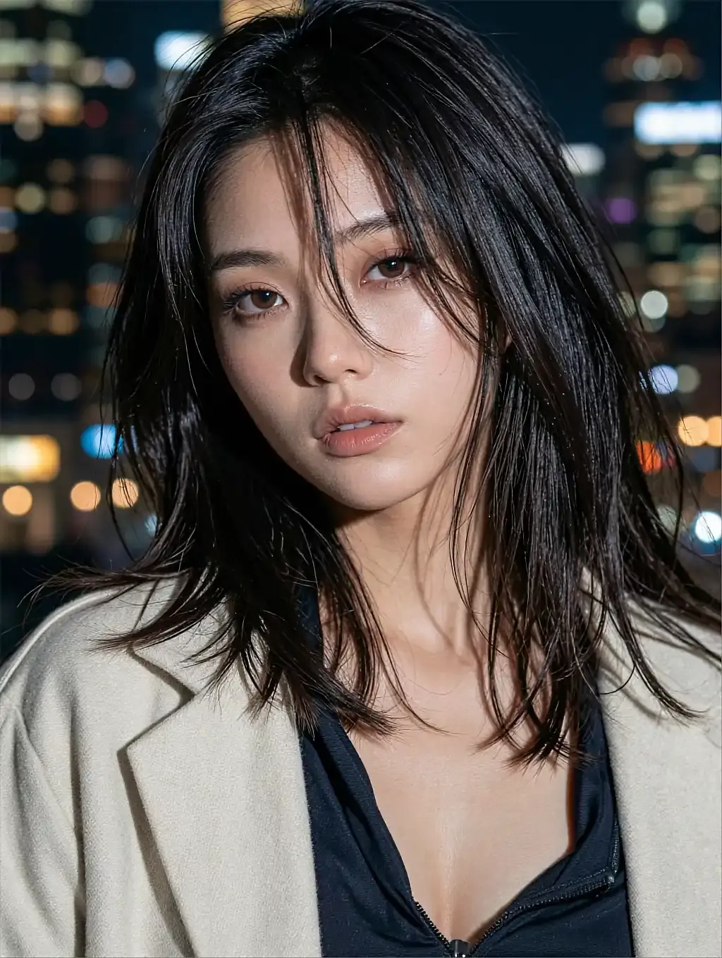 Dark-haired fictional AI character in a cream blazer, lit in the vitrine against a night skyline